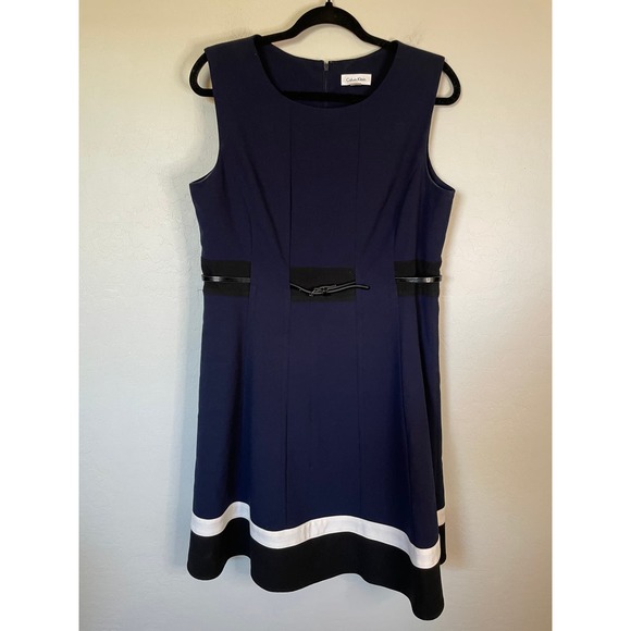 Calvin Klein | Navy and White Sleeveless Fit to Flare Dress with Belt Size 12 - Picture 1 of 4